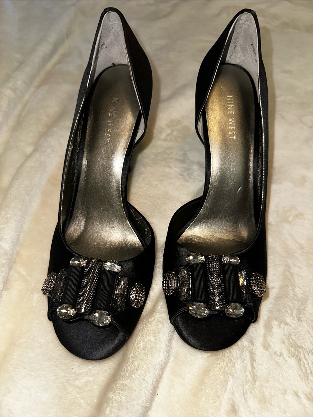 Nine West Black Satin Crystal-Embellished Peep-Toe Heels